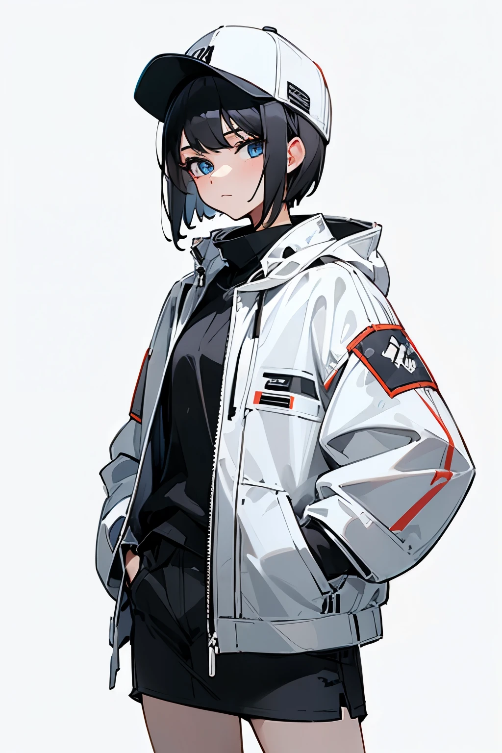 (((masterpiece, illustration, best quality))), 1girl, solo, blue eyes, ((detailed eyes)), looking at viewe, ((short hair)), ((black hair)), standing, ((baseball cap)), white headwear, black jacket, Closed sweater, ((Scenenary:white background)), black socks, ((black shirt)), perfect body, upper body shot, (closed mouth), li, (((hands in pockets))), waterproof jacket, skirt white, tsundere, hooded jacket