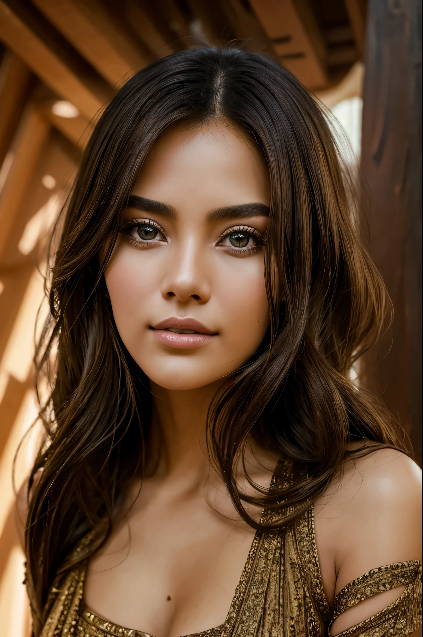 Create a highly detailed full-body shot photo of a gorgeous Myanmar woman wearing a crop top shirt and short skirt, posing like a professional model. Large brown eyes, dark brown short stylish hair, full lips that exude allure and sophistication, and a gorgeous face. lively eyes, dimples on each cheek, and a square jaw line. Her confident pose and long brown hair add a touch of allure. The hyper-detailed realistic photo in 32K HD, influenced by renowned creators like Greg Rutkowski, Artgerm, WLOP, Alphonse Mucha, and Beeple, has gained popularity on ArtStation. rendered with sharp focus and triadic colours, captures the serene ambience of the scene. Soft natural light bathes her flawless skin, while the chiaroscuro technique adds depth and dimension. Her captivating gaze creates an intimate connection with the viewer. With science fiction elements and intricate details, this artwork evokes an ethereal atmosphere, reminiscent of an enchanting movie poster. Vibrant and captivating