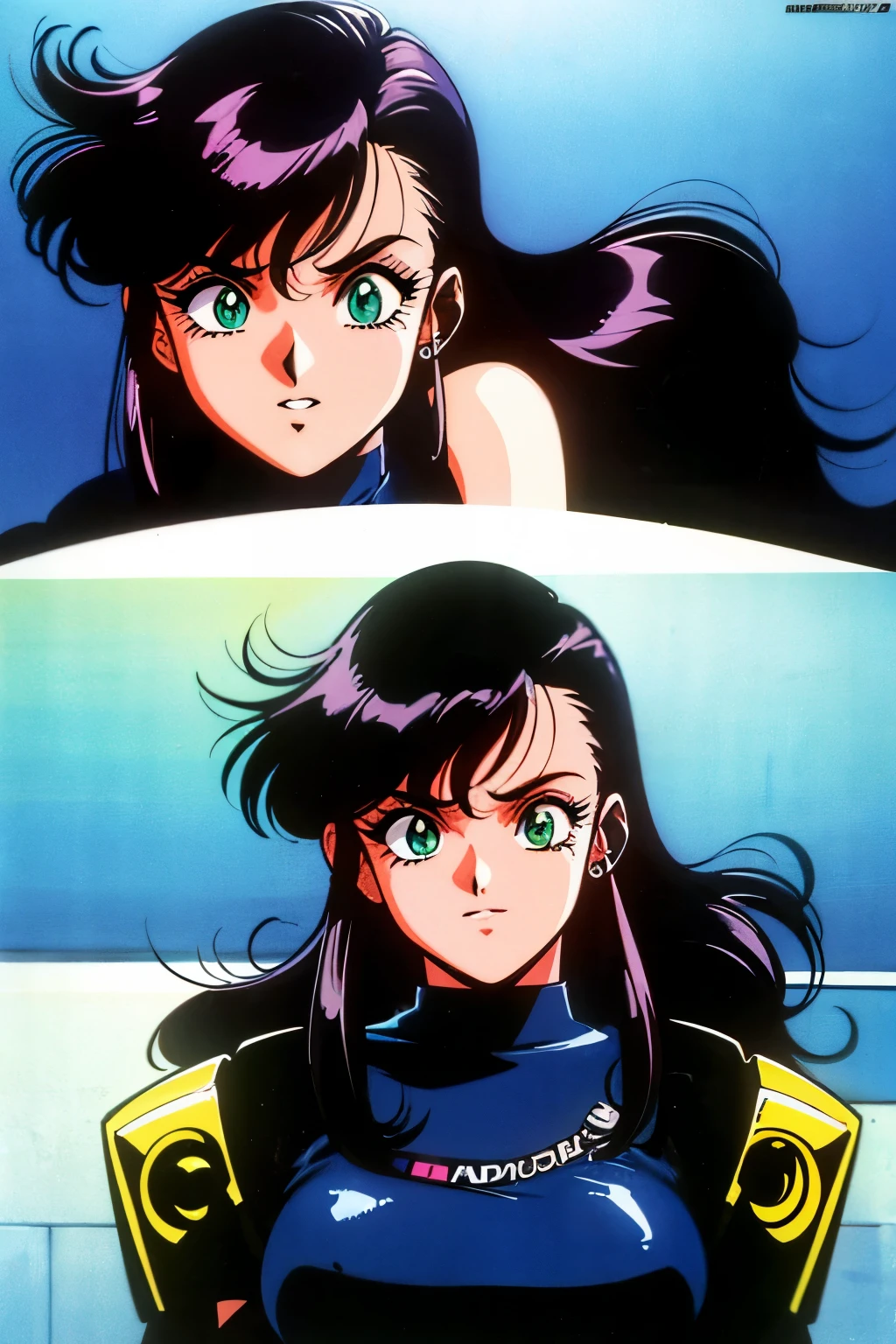 1990s (style), 1980s (style), retro artstyle, a girl, long black hair, green eyes, wavy hair, cyberpunk,2077, best quality, masterpiece.