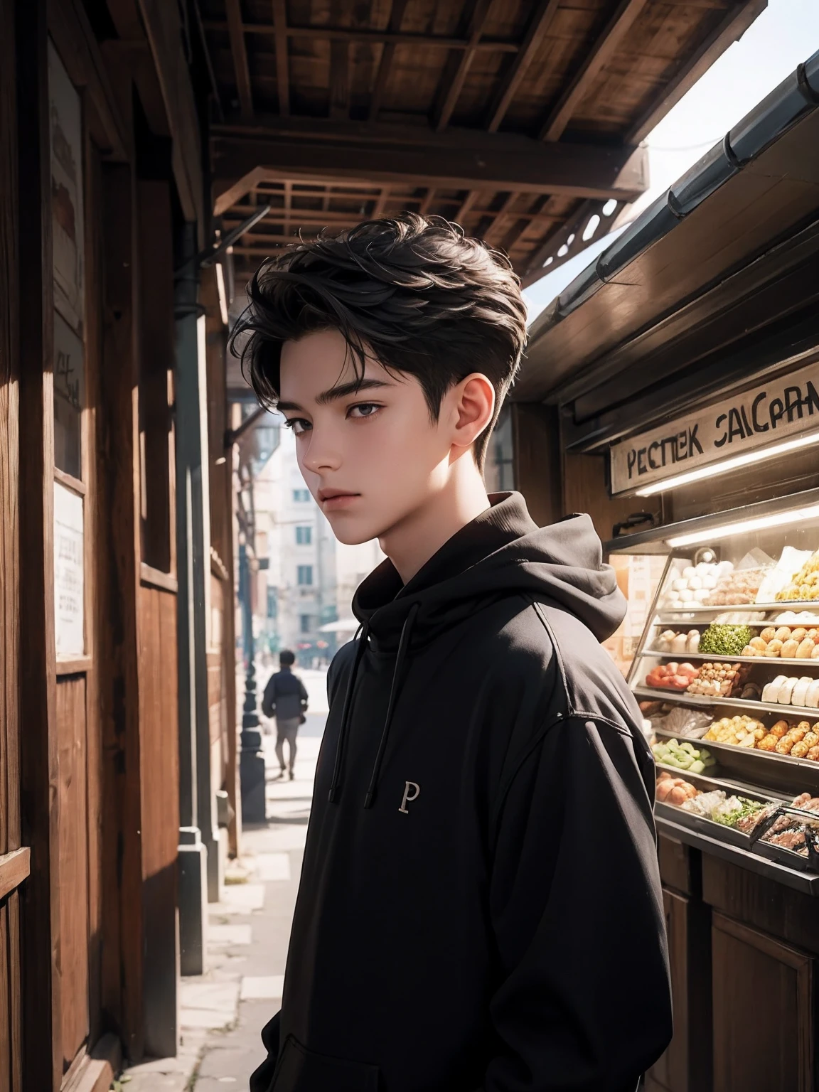 1 boy 14 years old, half body, market scenery,