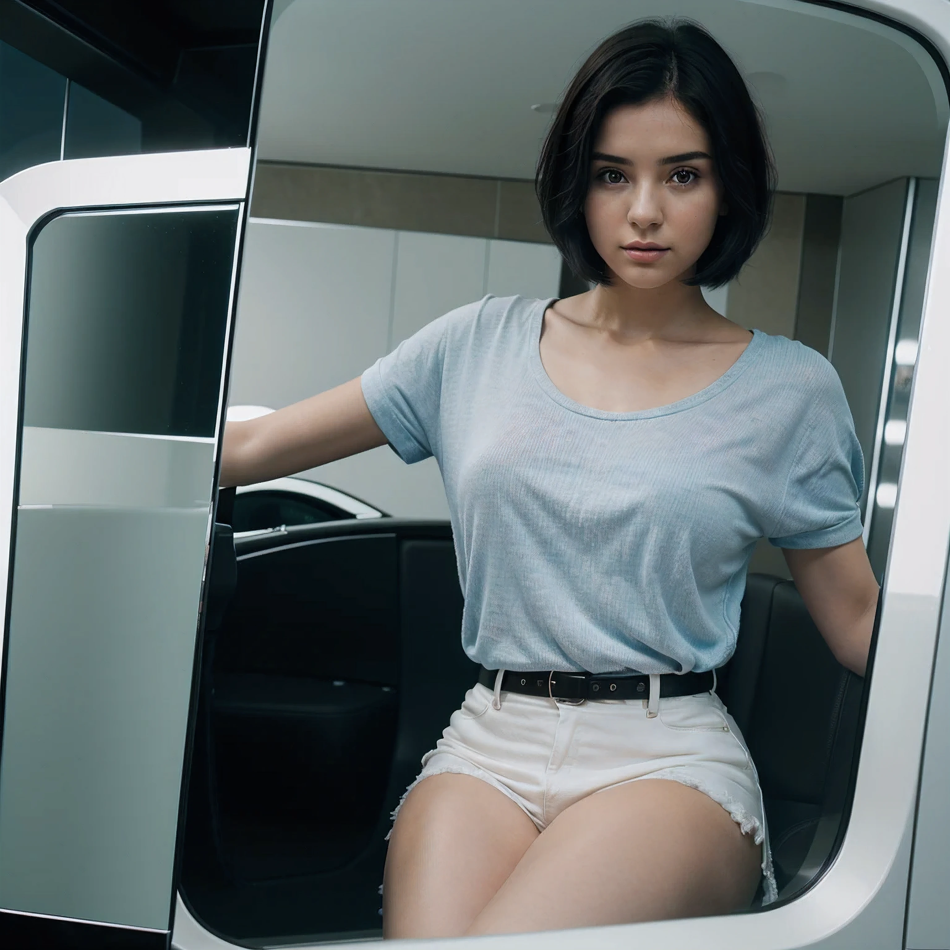 A young woman drives up with the lift, she has short black hair, in the lift are mirrors, reflections, she as a round lovely face, white and blue light, soft light, cinematic, movielook, POV, hasselblad, 50mm, ((high quality)), ((best quality)), ((realistic))