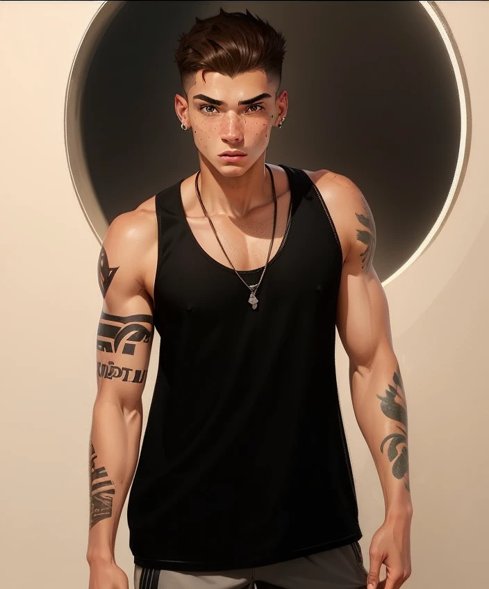 Illustration, dramatic by Jimmy Hopkins: Teenager, 1.70 m, shaved hair, discreet scar on the head, freckles on the face, earring in the left ear, expressive brown eyes.  light brown jacket with a white t-shirt underneath, has an athletic physique and confident posture in 8k.