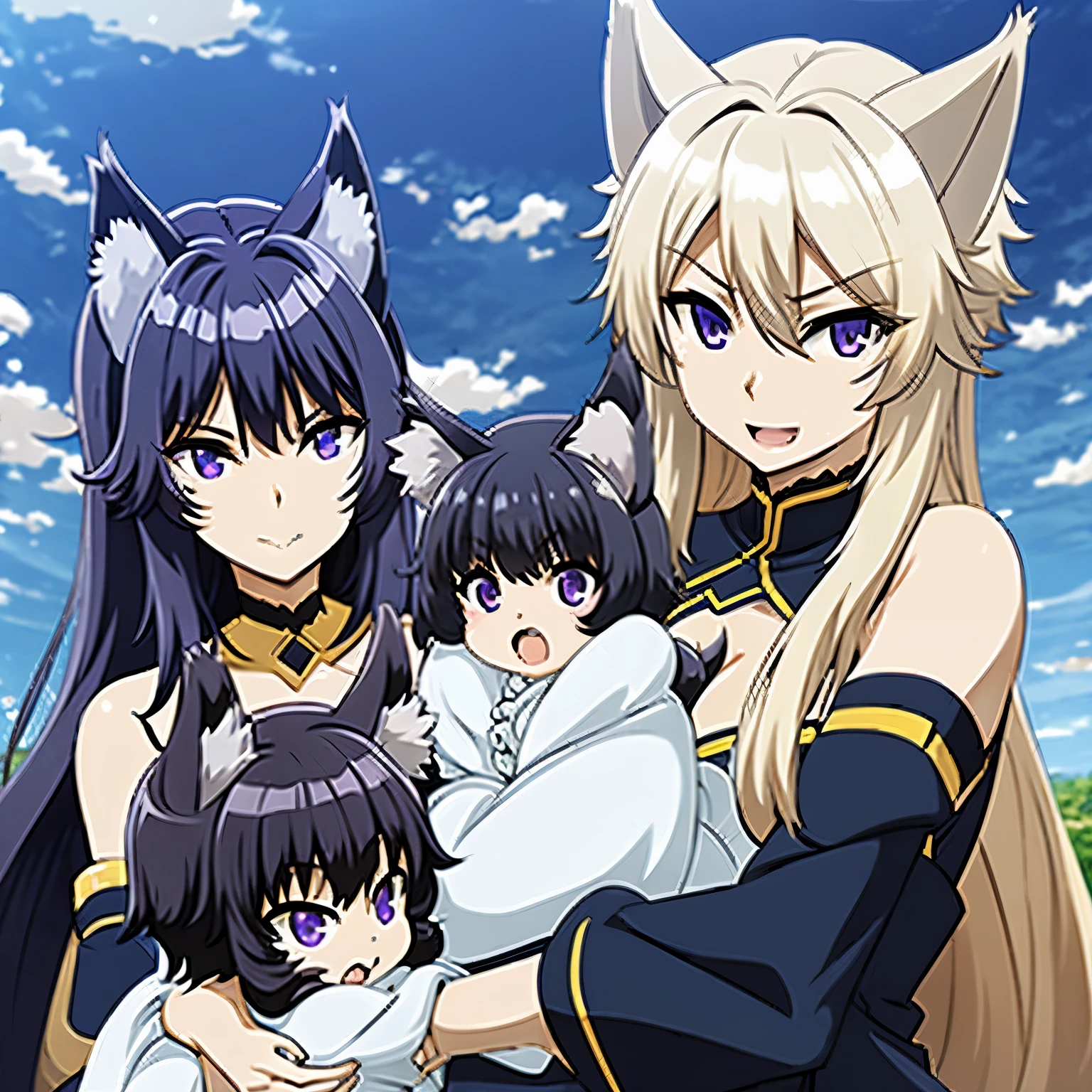 Zeta, Delta, cat ears, wolf ears, Delta holding a baby, purple eyes