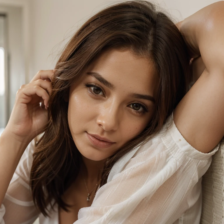 Mulher de 20 anos , pele oliva, cabelos castanho claro sedosos , olhos mel,