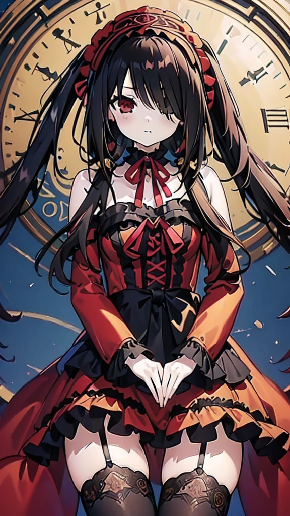 ((masterpiece, best quality, ultra detailed)), depth of field, (beautiful detailed eyes, pretty face, detailed face), 1girl( standing elegantly, different red left eye and golden right eye, long hair, twin-tails, black hair, red and black Lolita dress, long black boots, black stockings, black garter belt), clock mechanics background