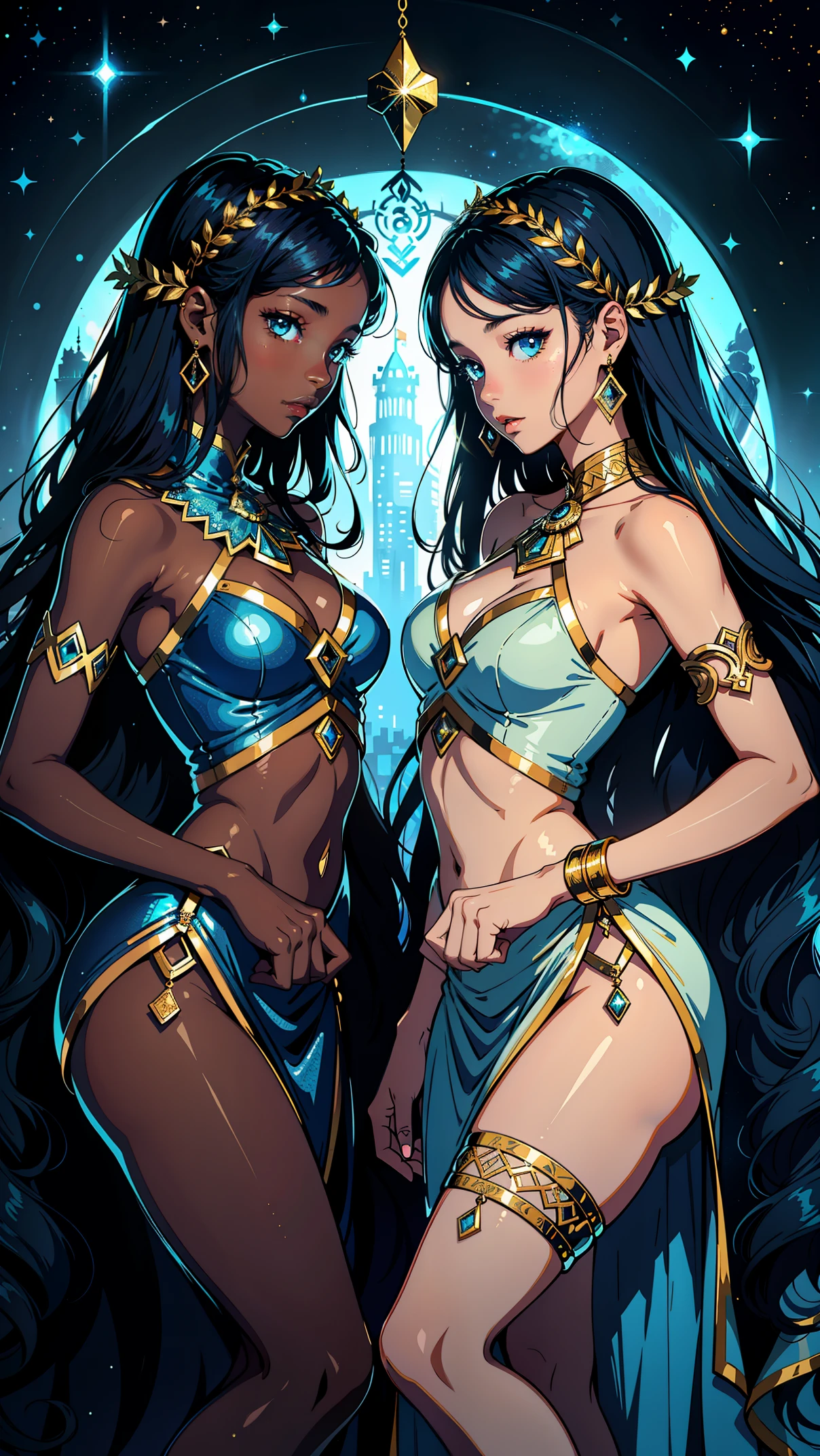 adesivo, fundo simples, portrait, 2 girls with dark skin, identical twin sisters with long hair, beautiful zodiac girl, zodiac aesthetic, sheer dresses, Gemini beautiful girl, very beautiful fantasy art, beautiful and elegant female celestial, beautiful detailed fantasy, gemini sign, gold and blue color palate, blue color-theme