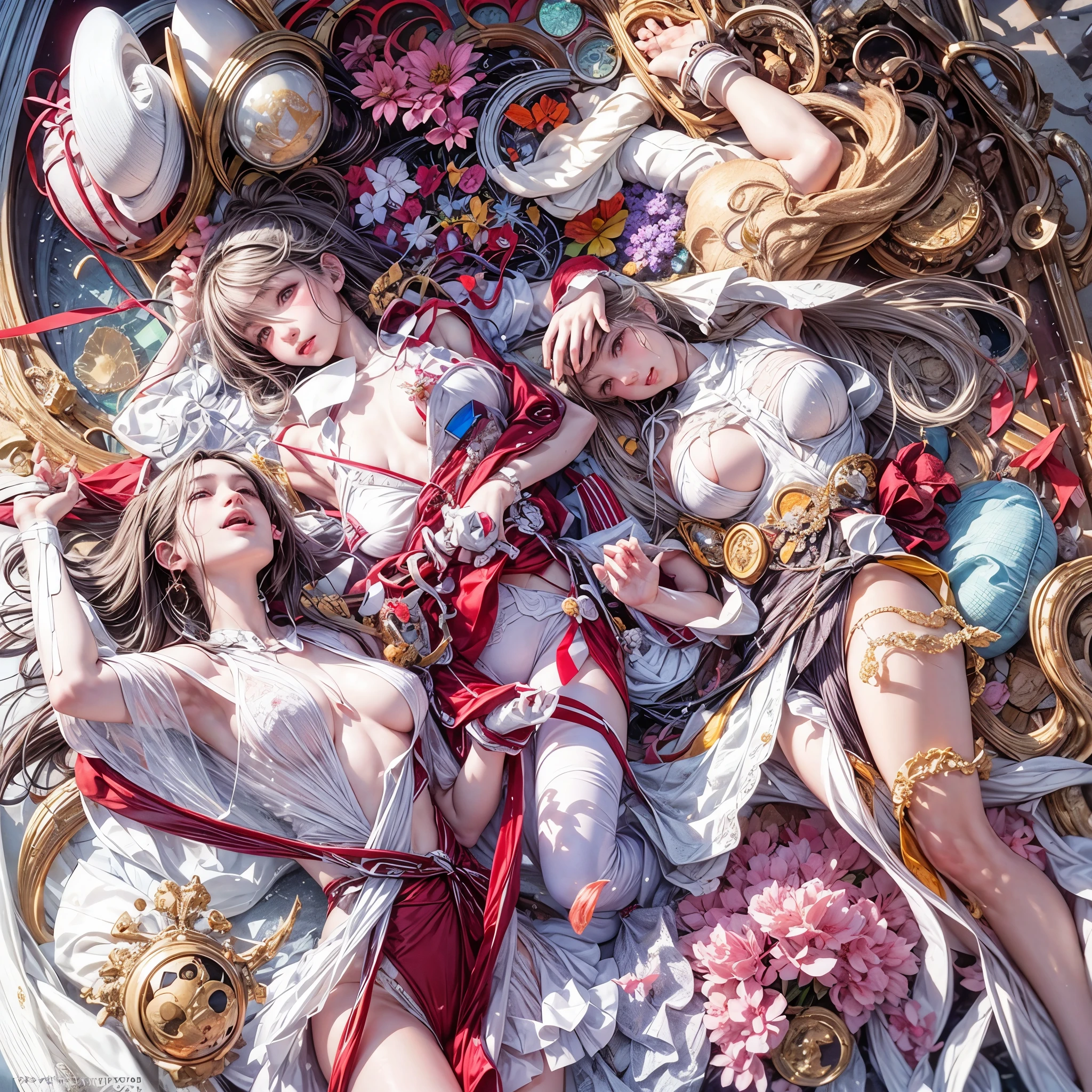 (White and Red, Acutance:0.8), (Masterpiece, physically-based 3D rendering with ultra-detailed, ((realistic and photorealistic with touch of rawness:1.37))). A group of KAWAII girls in opened school uniform without brassiere . ((extremely detailed KAWAII face variations) with joyful expressions), { Navel | pretty Ass | Overflowing underboob | White panties | (full of Flowers covering girl's body) | (Dazzling colorful stained glass with delicate details:1.2) } . (Exposed:1.2), (((nipple:-0.99))), (not Detailed fingers:-0.9) .