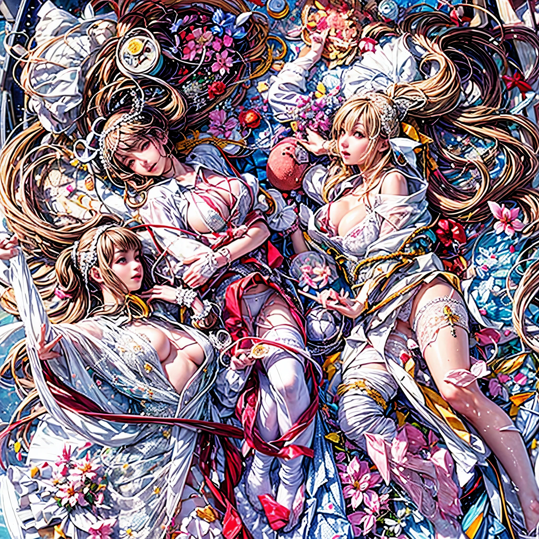(White and Red, Acutance:0.8), (Masterpiece, physically-based 3D rendering with ultra-detailed, ((realistic and photorealistic with touch of rawness:1.37))). A group of KAWAII girls in opened school uniform without brassiere . ((extremely detailed KAWAII face variations) with joyful expressions), { Navel | pretty Ass | Overflowing underboob | White panties | (full of Flowers covering girl's body) | (Dazzling colorful stained glass with delicate details:1.2) } . (Exposed:1.2), (((nipple:-0.99))), (not Detailed fingers:-0.9) .