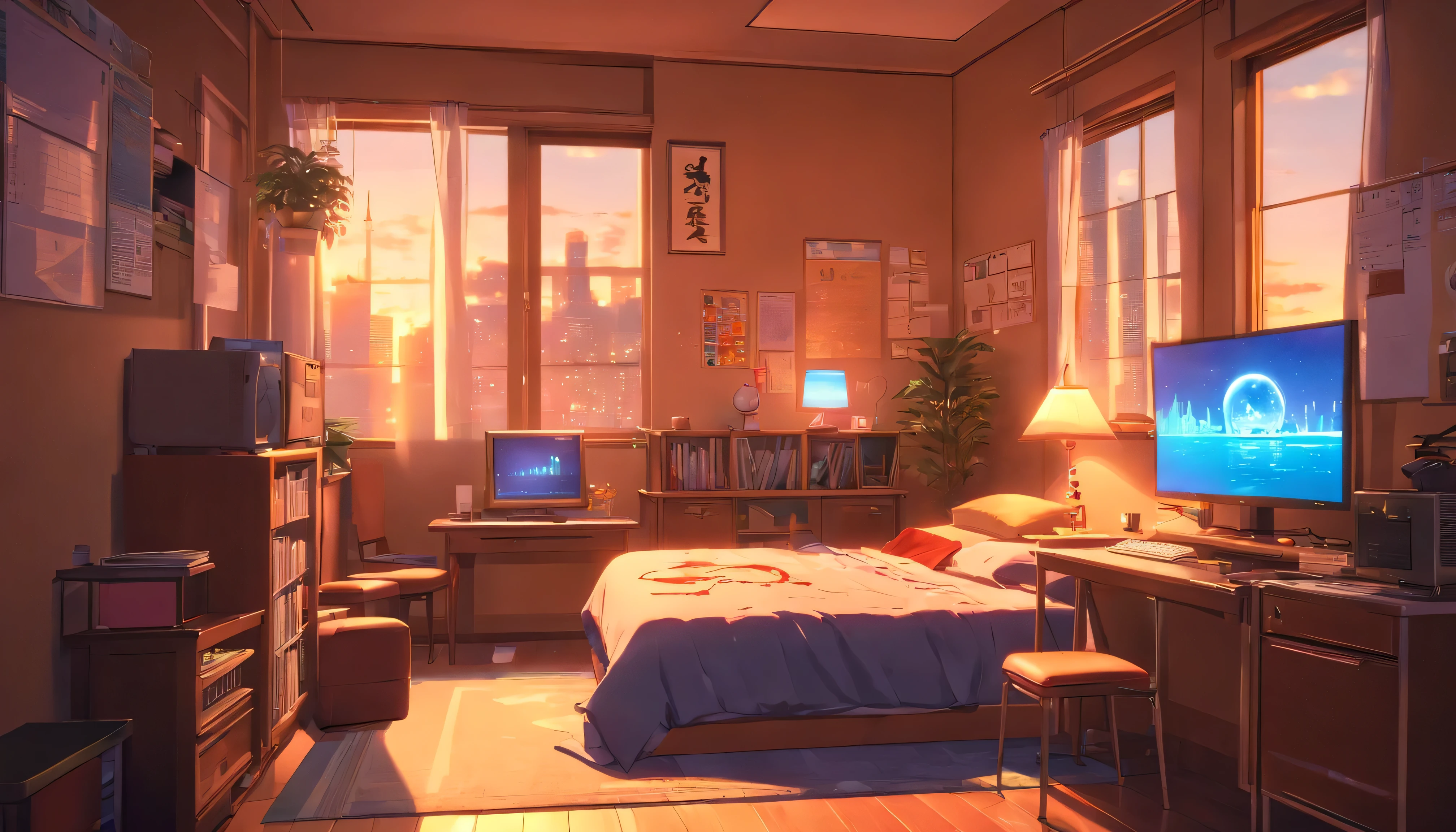 3d animation cinematic still of a cozy room, big windows with city view at night, crested moon, melancholic, sad vibes, bed unmade, computer desk, cluttered with the mismatched furniture, The otaku style posters on the walls and the guitar in the corner,in style of Pixar, Disney, vaporwave