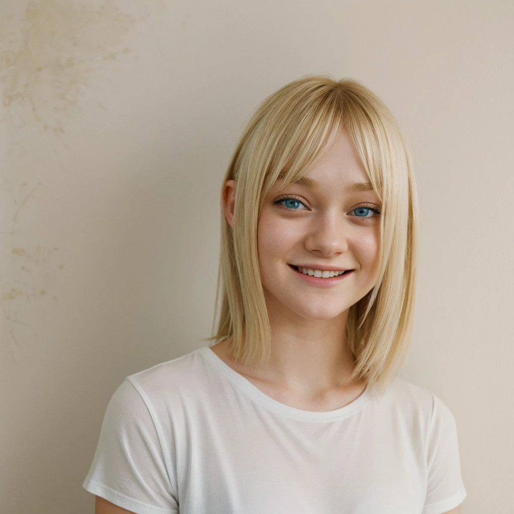 A young woman with blonde hair and blue eyes, resembling Dakota Fanning. He smiles at the camera. She is wearing a plain white T-shirt with no inscriptions or patterns in a masculine cut. It stands against a light wall with a painting hanging on it. The light is soft, daylight.