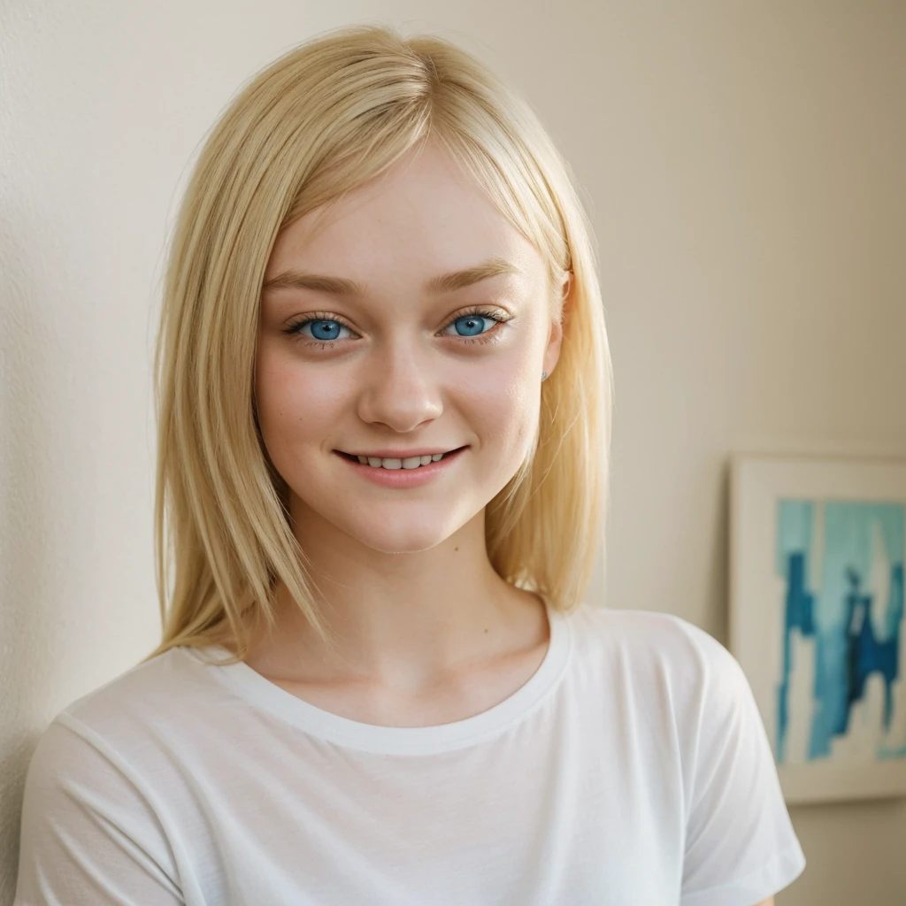 A young woman with blonde hair and blue eyes, resembling Dakota Fanning. He smiles at the camera. She is wearing a plain white T-shirt with no inscriptions or patterns in a masculine cut. It stands against a light wall with a painting hanging on it. The light is soft, daylight.