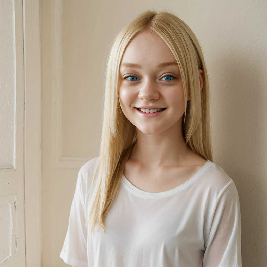 A young woman with blonde hair and blue eyes, resembling Dakota Fanning. He smiles at the camera. She is wearing a plain white T-shirt with no inscriptions or patterns in a masculine cut. It stands against a light wall with a painting hanging on it. The light is soft, daylight.