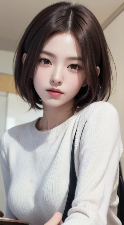 realistic, table top, highest quality, Raw photo, Portrait、1 girl, alone, Handsome Shorthair, brown hair, detailed face, fascinating face, The sweater that kills virginity, medium breasts, dynamic pose, looking at the viewer, from below, detailed background, Detailed, intricate details,  ray tracing, Depth of bounds written, low key, nffsw