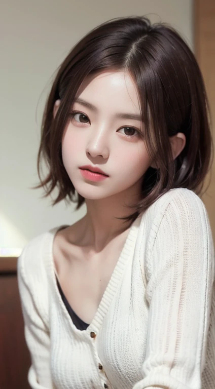 realistic, table top, highest quality, Raw photo, Portrait、1 girl, alone, Handsome Shorthair, brown hair, detailed face, fascinating face, The sweater that kills virginity, medium breasts, dynamic pose, looking at the viewer, from below, detailed background, Detailed, intricate details,  ray tracing, Depth of bounds written, low key, nffsw