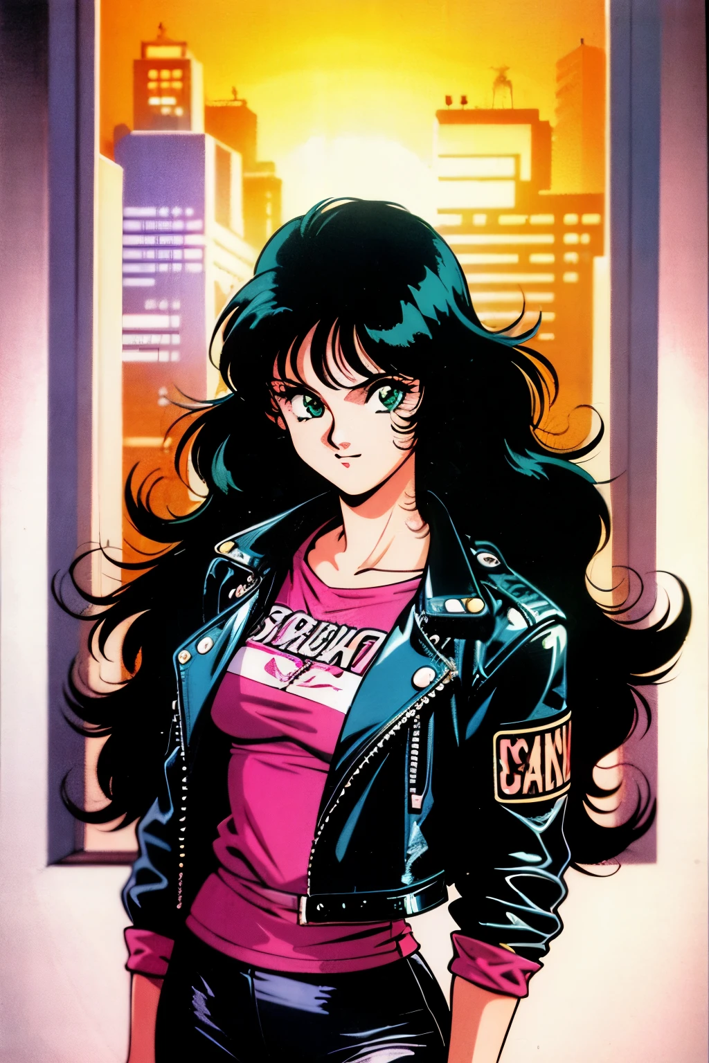 1990s (style), 1980s (style), retro artstyle, a girl, long black hair, green eyes, wavy hair, biker clothes,  cyberpunk, 2077, best quality, masterpiece.