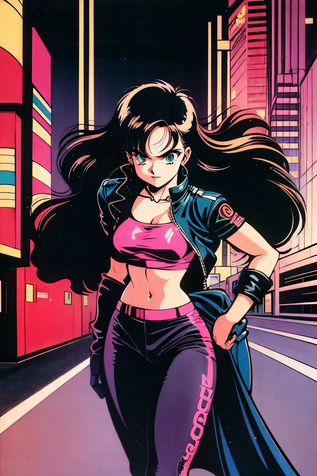 1990s (style), 1980s (style), retro artstyle, a girl, long black hair, green eyes, wavy hair, biker clothes,  cyberpunk, 2077, best quality, masterpiece.