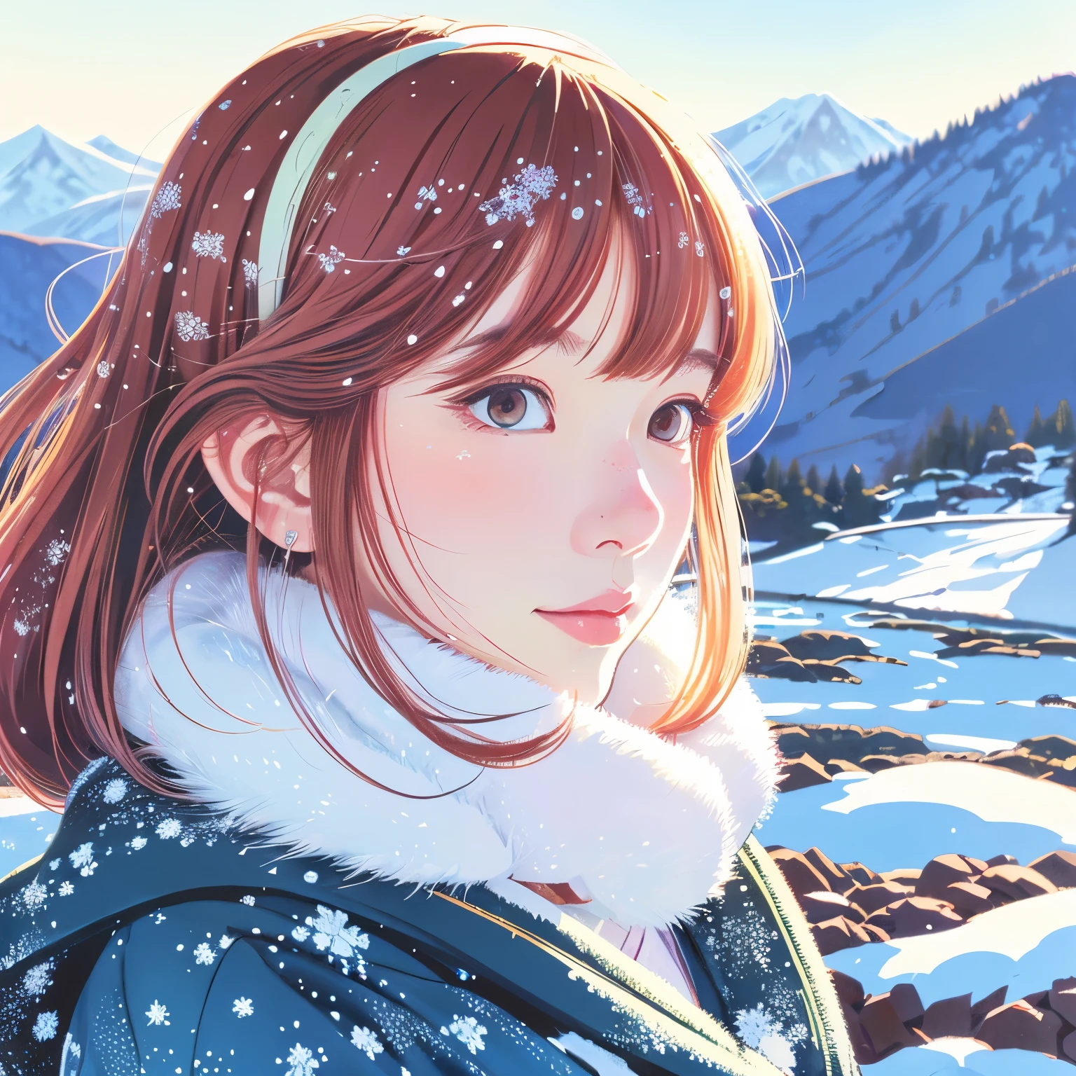 illustration style, ukiyoe, Showa anime, woman, snow, (Sensitive), Asahi, mountain behind, (best quality, super detailed, realistic:1.37, portrait, Bright colors, soft pastel tones, Natural light.