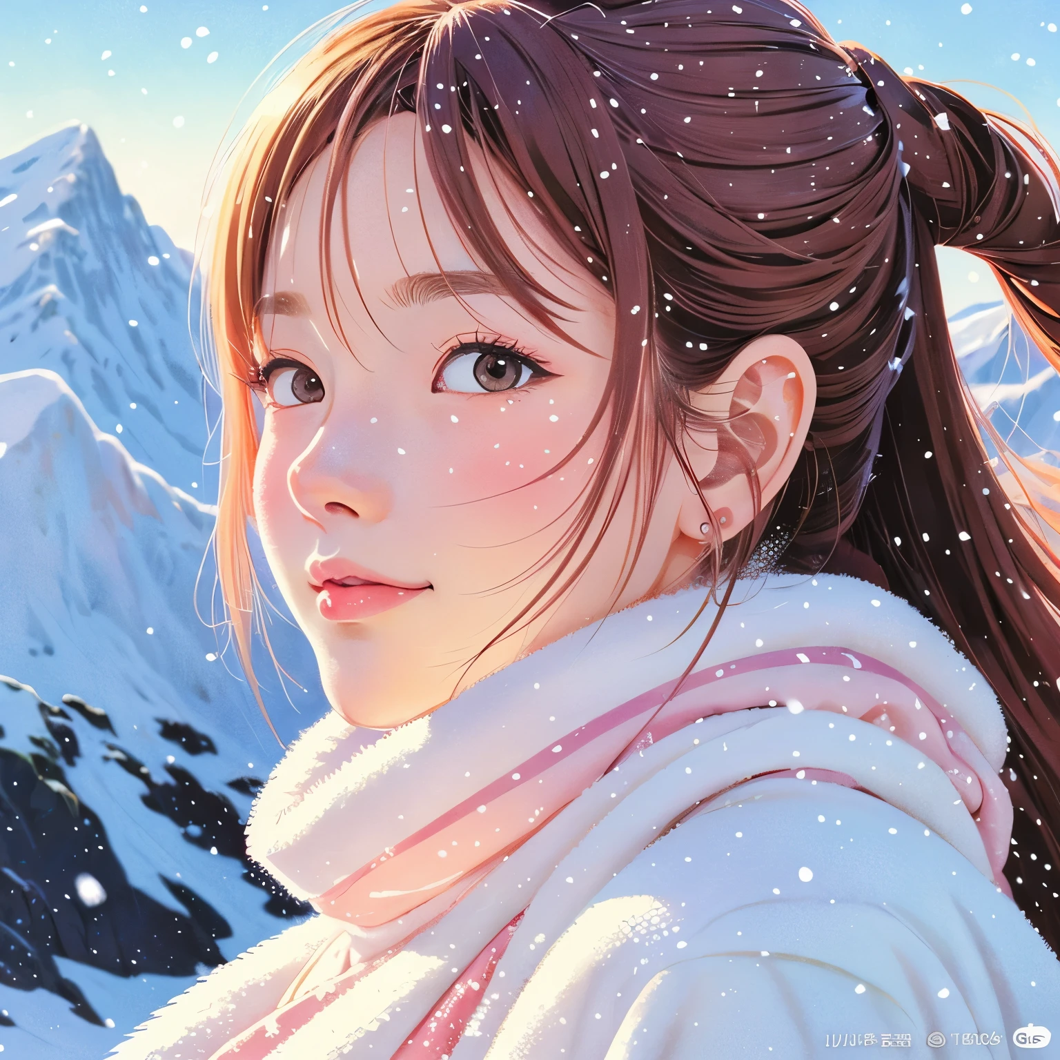 illustration style, ukiyoe, Showa anime, woman, snow, (Sensitive), Asahi, mountain behind, (best quality, super detailed, realistic:1.37, portrait, Bright colors, soft pastel tones, Natural light.