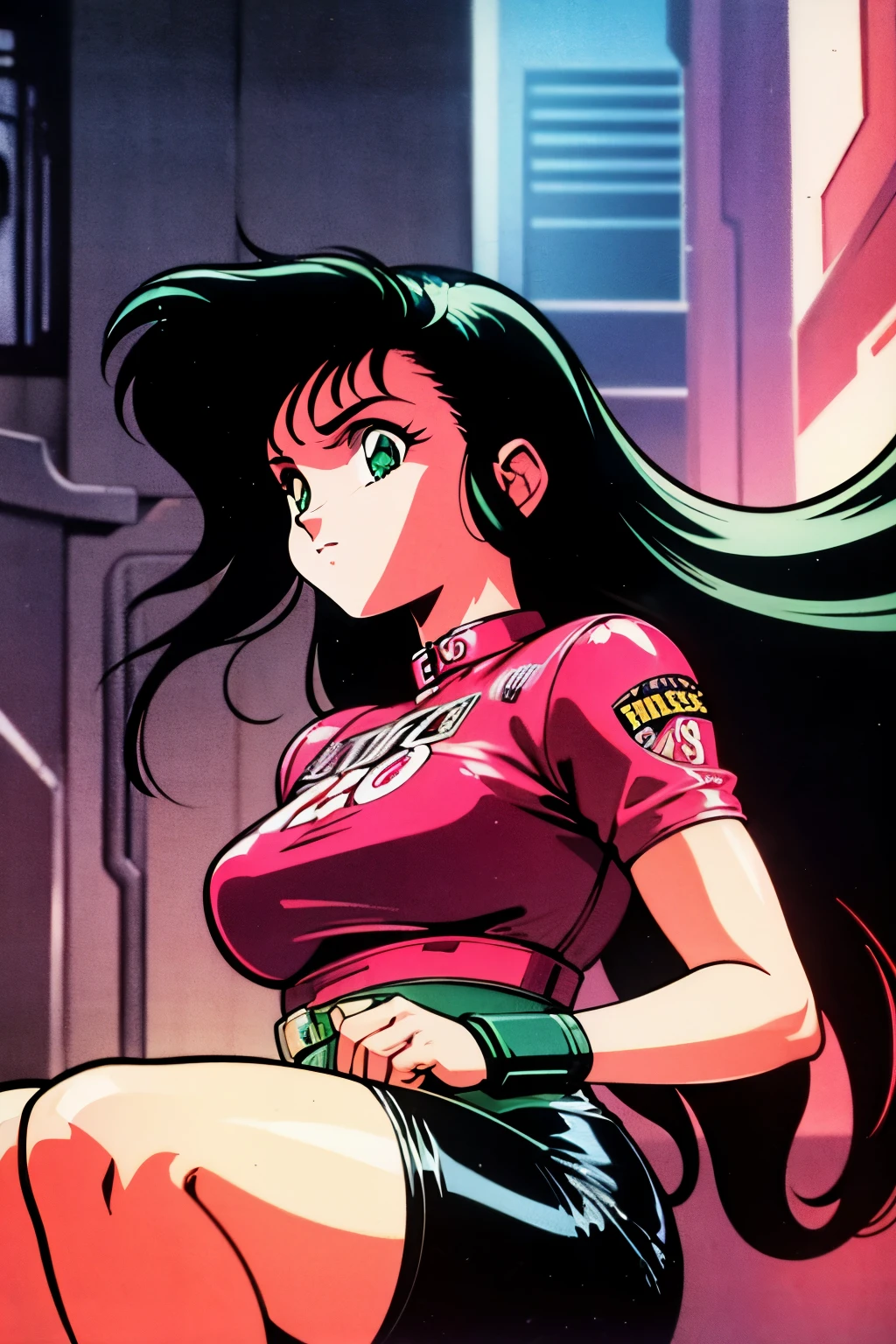 1990s (style), 1980s (style), retro artstyle, a girl, long black hair, green eyes, wavy hair, biker clothes,  cyberpunk, 2077, best quality, masterpiece.