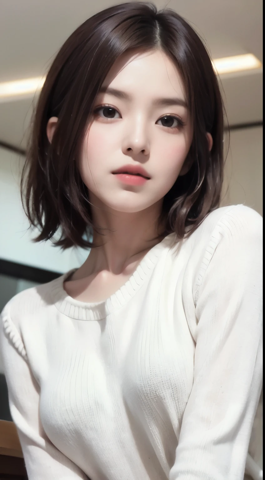 realistic, table top, highest quality, Raw photo, Portrait、1 girl, alone, Handsome Shorthair, brown hair, detailed face, fascinating face, The sweater that kills virginity, medium breasts, dynamic pose, looking at the viewer, from below, detailed background, Detailed, intricate details, ray tracing, Depth of bounds written, low key, nffsw