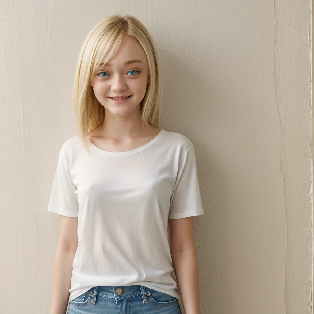 A young woman with blonde hair and blue eyes, resembling Dakota Fanning. He smiles at the camera. She is wearing a plain white T-shirt without any inscriptions or patterns, with a masculine cut and classic jeans. It stands against a light wall with a painting hanging on it. The light is soft, daylight.