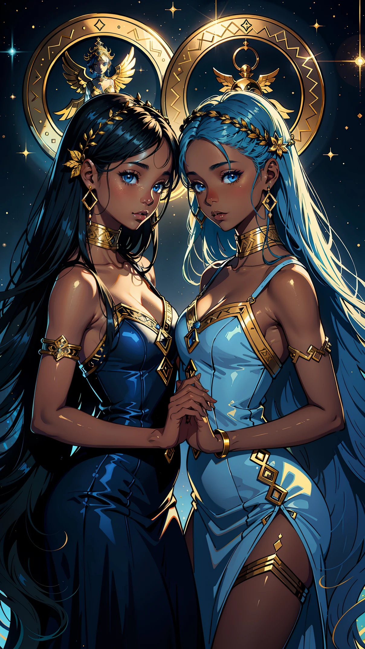 Woman with very long wavy big breast and black hair tan skin wearing a beautiful glitter dress and smiling up. Little, surrounded by outerspace, planets, and galaxies