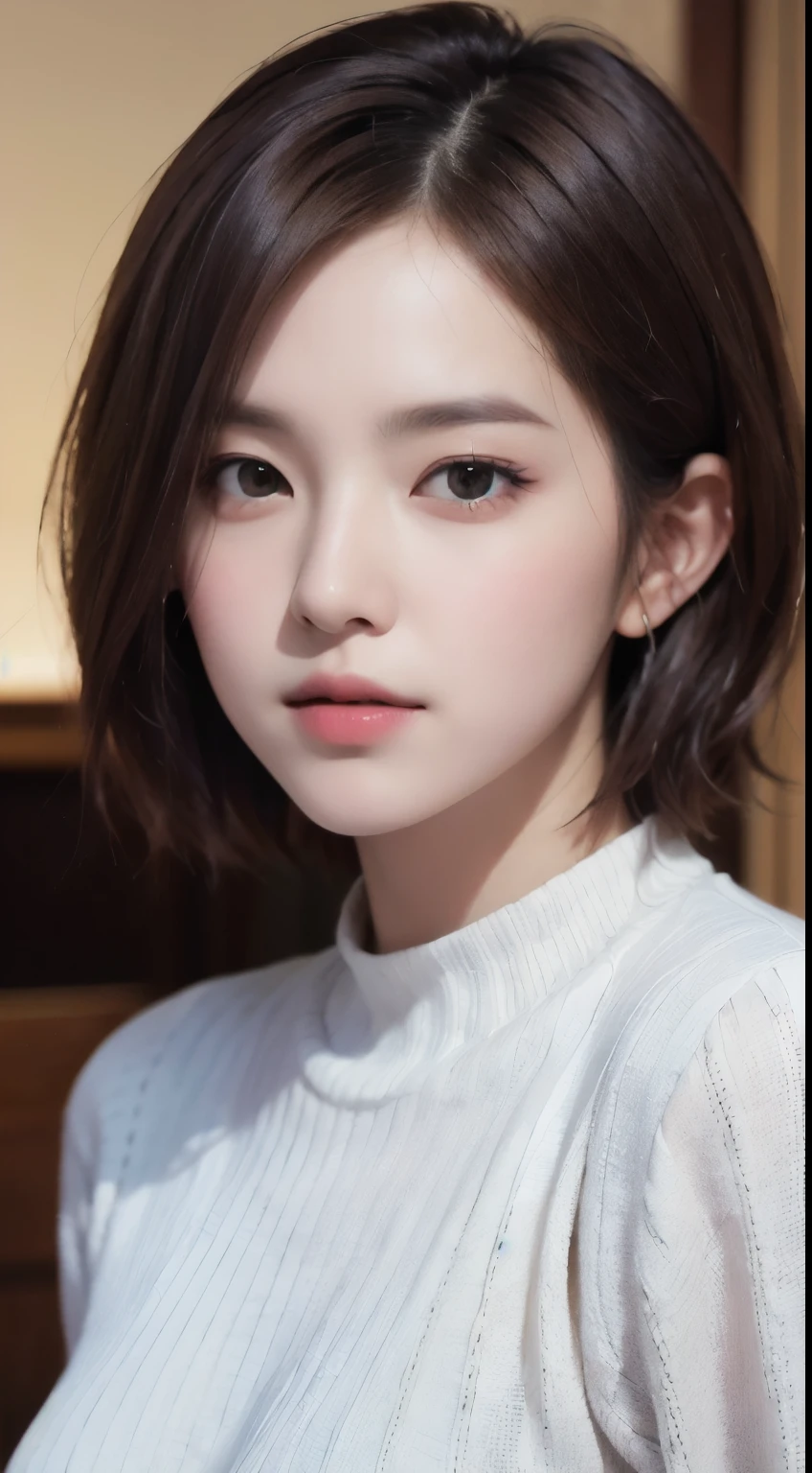 realistic, table top, highest quality, Raw photo, Portrait、1 girl, alone, Handsome Shorthair, brown hair, detailed face, fascinating face, The sweater that kills virginity, medium breasts, dynamic pose, looking at the viewer, from below, detailed background, Detailed, intricate details,  ray tracing, Depth of bounds written, low key, nffsw