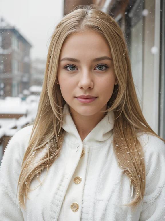 blonde woman named Erica Lauretta , portrait photo, RAW photo, blur background ,outside snowing day