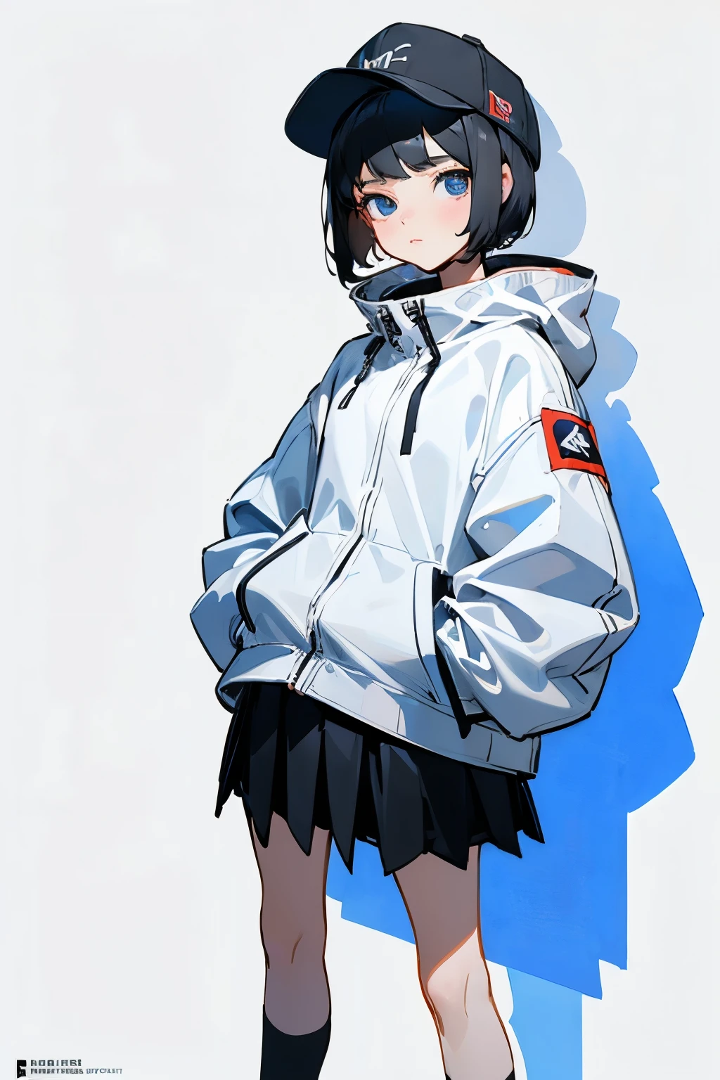 (((masterpiece, illustration, best quality))), 1girl, solo, blue eyes, ((detailed eyes)), looking at viewe, ((short hair)), ((black hair)), standing, ((baseball cap)), white headwear, black jacket, Closed sweater, ((Scenenary:white background)), black socks, ((black shirt)), perfect body, upper body shot, (closed mouth), li, (((hands in pockets))), waterproof jacket, skirt white, tsundere, hooded jacket, simple