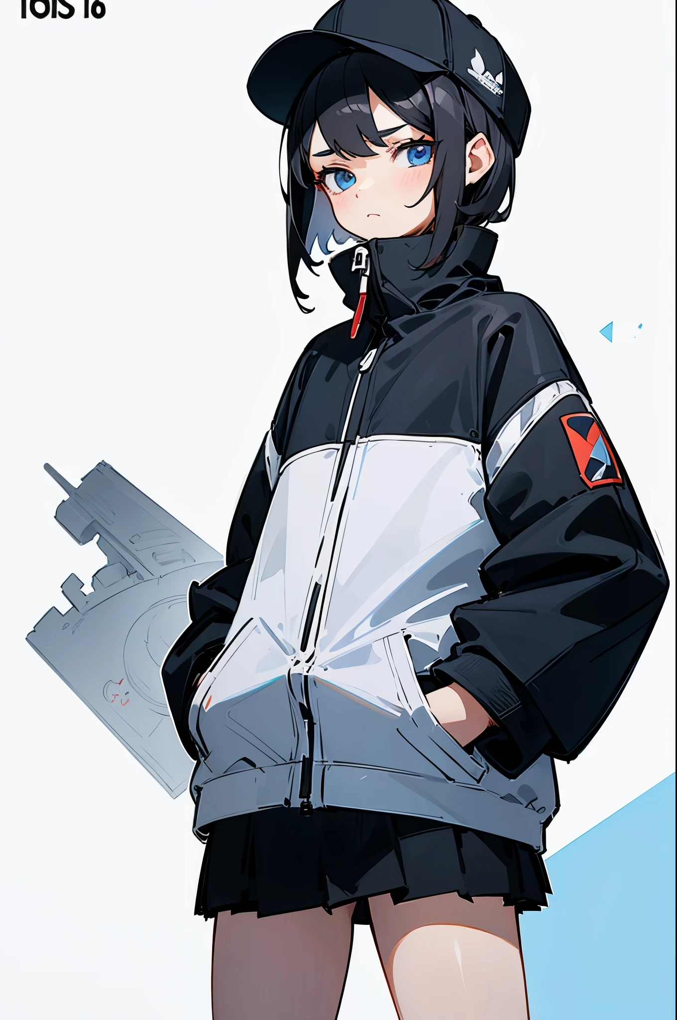 (((masterpiece, illustration, best quality))), 1girl, solo, blue eyes, ((detailed eyes)), looking at viewe, ((short hair)), ((black hair)), standing, ((baseball cap)), white headwear, black jacket, Closed sweater, ((Scenenary:white background)), black socks, ((black shirt)), perfect body, upper body shot, (closed mouth), ****, (((hands in pockets))), waterproof jacket, skirt white, tsundere, hooded jacket, simple