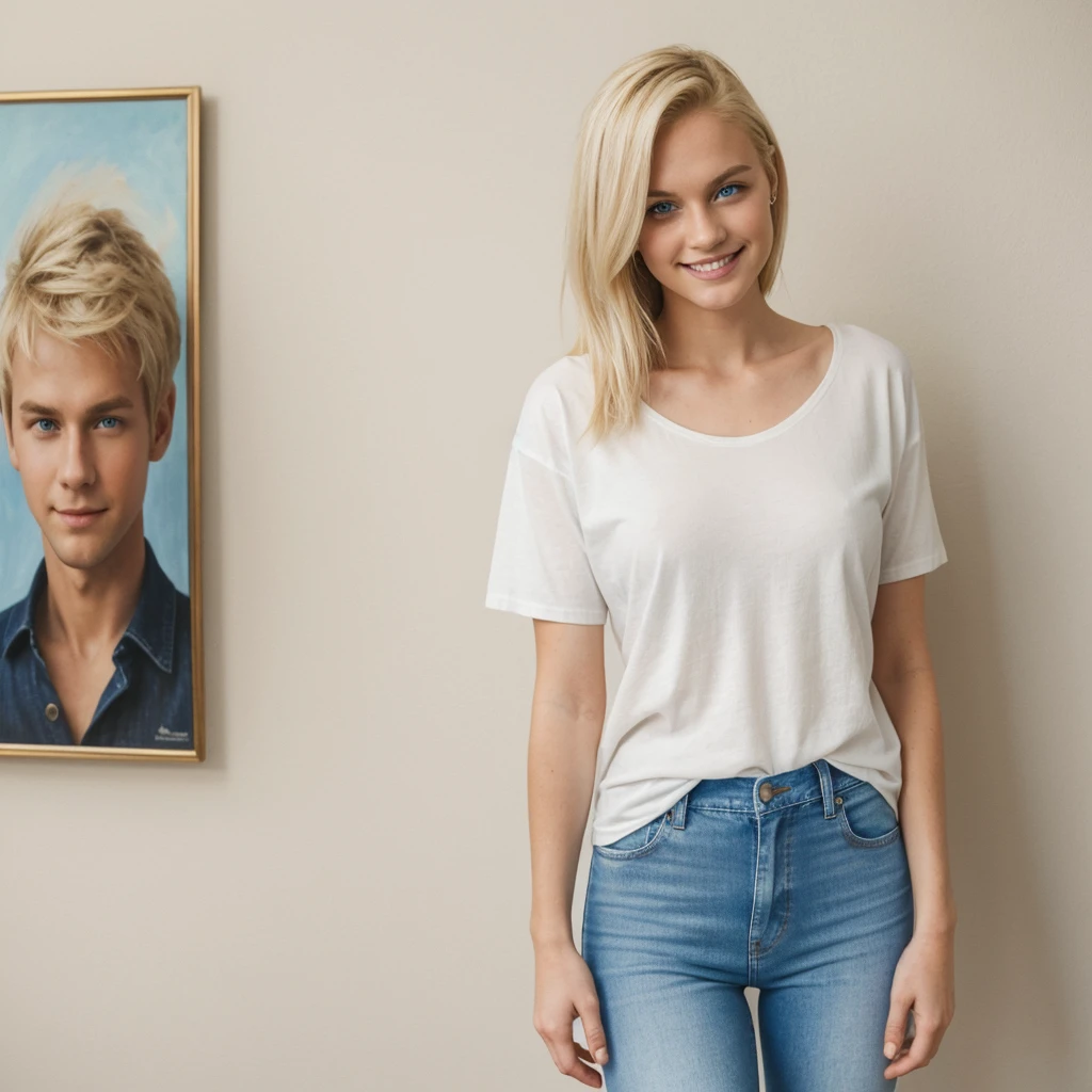 A young woman with blonde hair and blue eyes. He smiles at the camera. She is wearing a plain white T-shirt without any inscriptions or patterns, with a masculine cut and classic jeans. It stands in a casual position against the background of a light wall with a painting hanging on it. The light is soft, daylight.