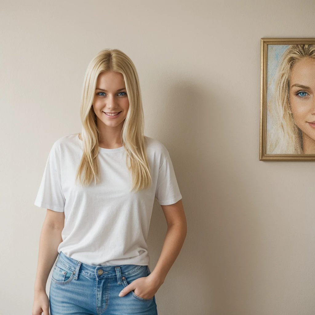 A young woman with blonde hair and blue eyes. He smiles at the camera. She is wearing a plain white T-shirt without any inscriptions or patterns, with a masculine cut and classic jeans. It stands in a casual position against the background of a light wall with a painting hanging on it. The light is soft, daylight.