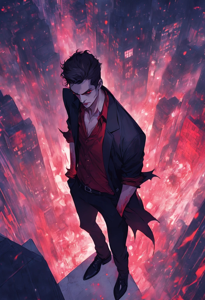 (Handsome young man), view from above, a vampire, Luminous patterns, Drops of blood, complex light, pastel shades, modern, (((Detail drawing))), against the backdrop of the city