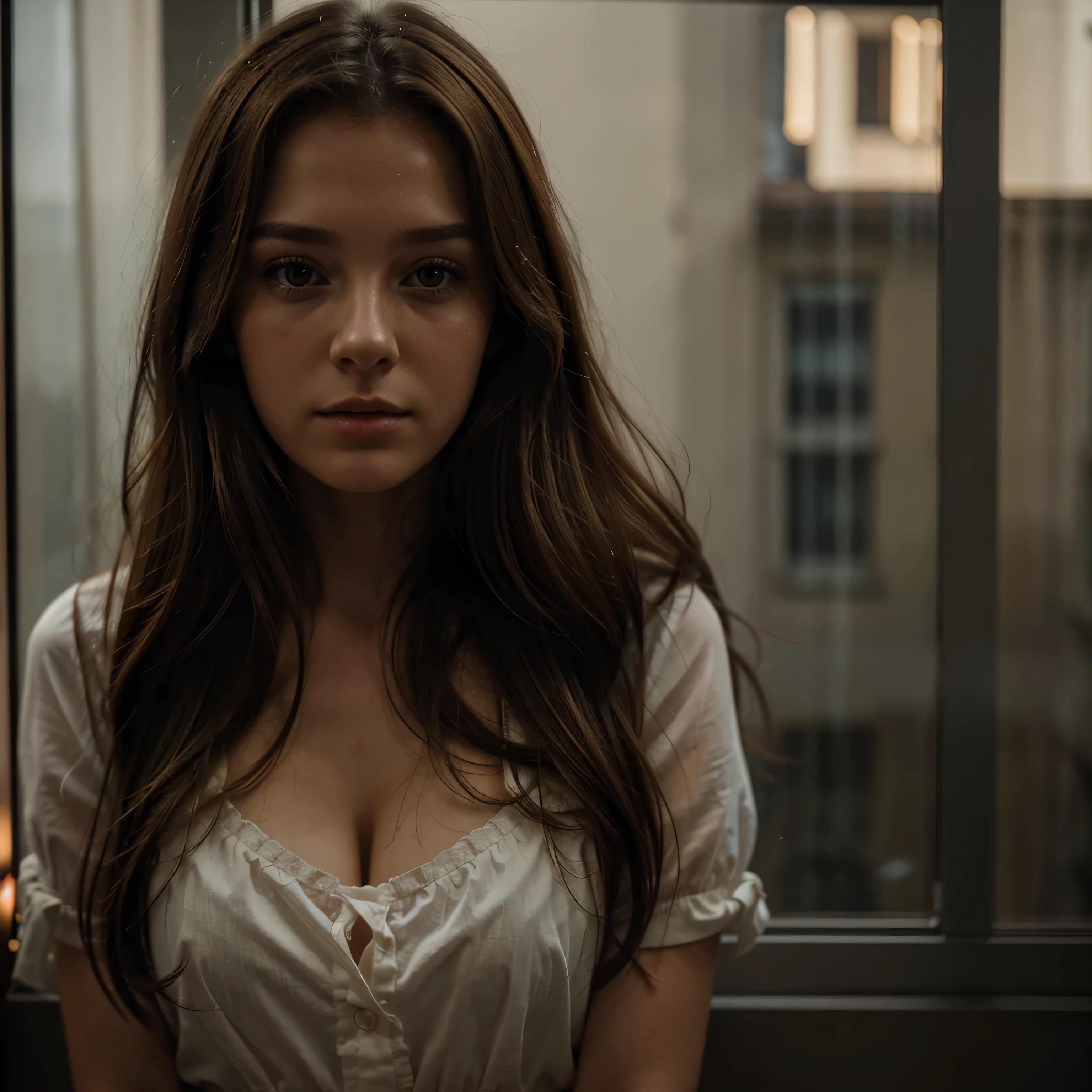 One jung french girl looks out the window, she has long brown hair, french, atmospharic sight, cinematic lights, movielook, ((high quality)), ((best quality)), ((realistic)),