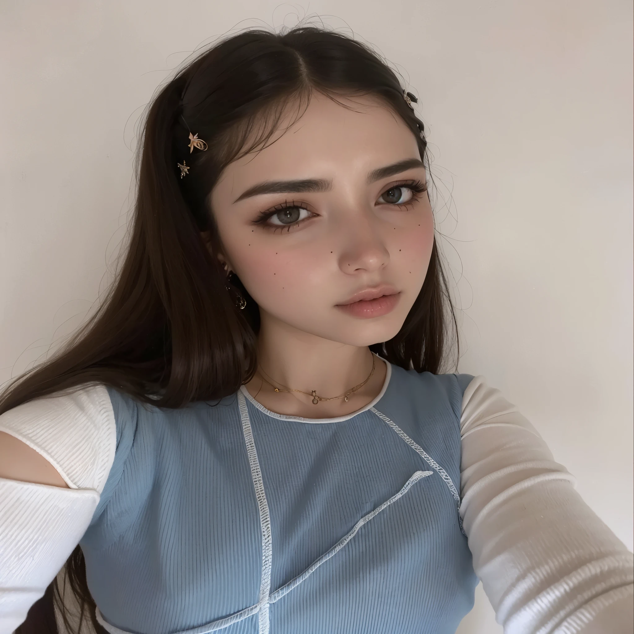 um close de uma mulher com uma blusa azul e camisa branca, dilraba dilmurat, she parece uma mistura de sujeira, parece uma mistura de sujeira, 🤤 retrato de menina, 18 anos de idade, retrato de alta qualidade, parece uma mistura de sujeira, sobrancelhas mais longas, profile picture with headshot, Anna Nikonova aka Newmilky, 1 6 anos