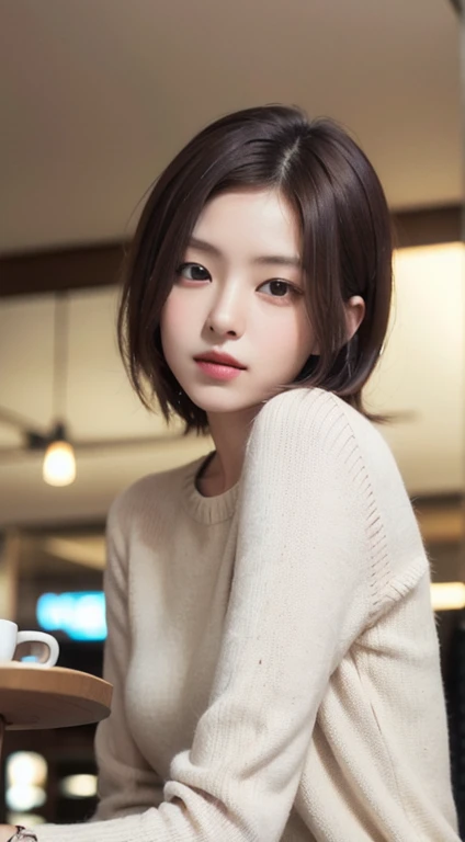 realistic, table top, highest quality, Raw photo, Portrait、1 girl, alone, Handsome Shorthair, brown hair, detailed face, fascinating face, The sweater that kills virginity, medium breasts, dynamic pose, looking at the viewer, from below,sitting across from each other at a coffee shop、sitting in front of the camera、 detailed background, Detailed, intricate details, ray tracing, Depth of bounds written, low key, nffsw