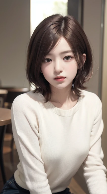 realistic, table top, highest quality, Raw photo, Portrait、1 girl, alone, Handsome Shorthair, brown hair, detailed face, fascinating face, The sweater that kills virginity, medium breasts, dynamic pose, looking at the viewer, from below,sitting across from each other at a coffee shop、sitting in front of the camera、 detailed background, Detailed, intricate details,  ray tracing, Depth of bounds written, low key, nffsw