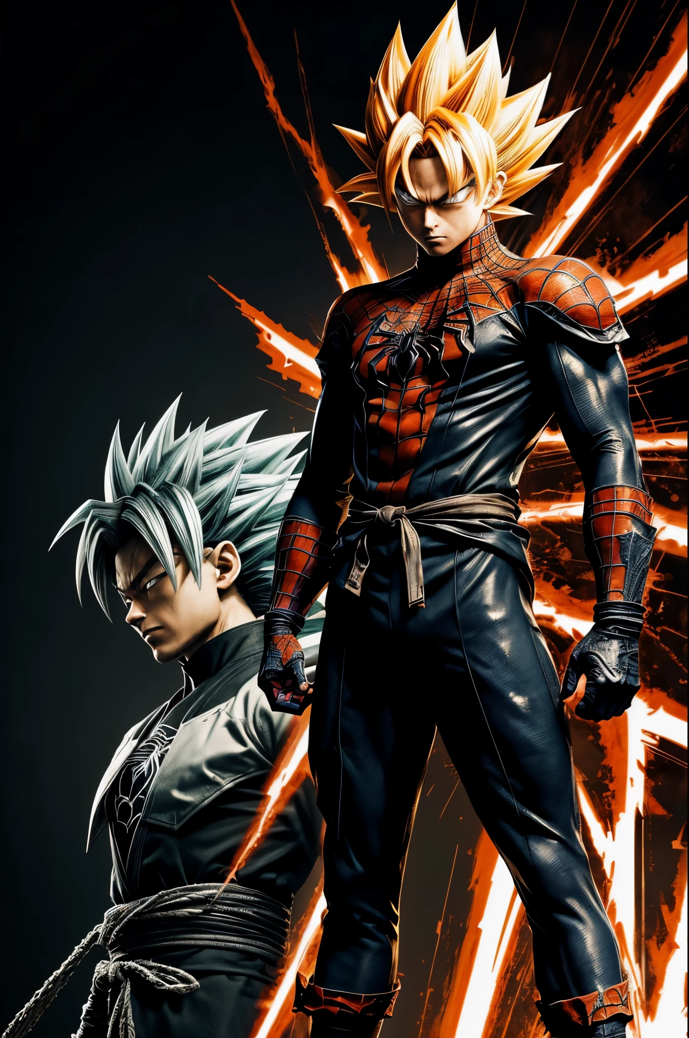 Vegeta, clad in a fusion of power and alien technology, dons the infamous Spider-Man symbiote suit. This hyper-realistic, top-quality image captures the Saiyan prince's intricately detailed facial features – his intense gaze, sharp cheekbones, and piercing yellow eyes. His muscular physique bulges beneath the suit's black fabric, every sinew and vein visible. The suit, an absurd mixture of Saiyan armor and the alien symbiote, clings to his body, revealing his toned abs, and the mechanical joints subtly peek out where the suit meets his skin. The suit's transparent sections highlight Ve