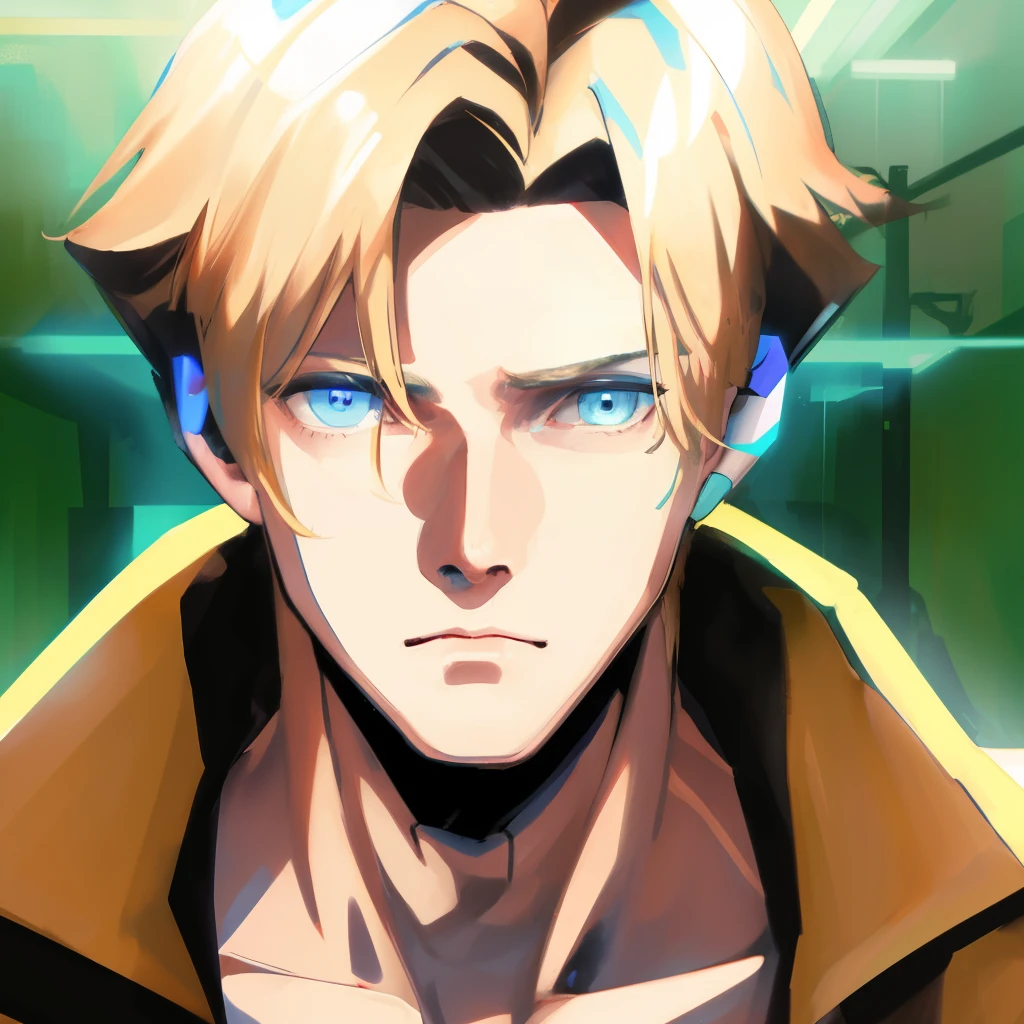 blonde hair, blue eyes, man, muscular, futuristic coat, black coat with neon lights.