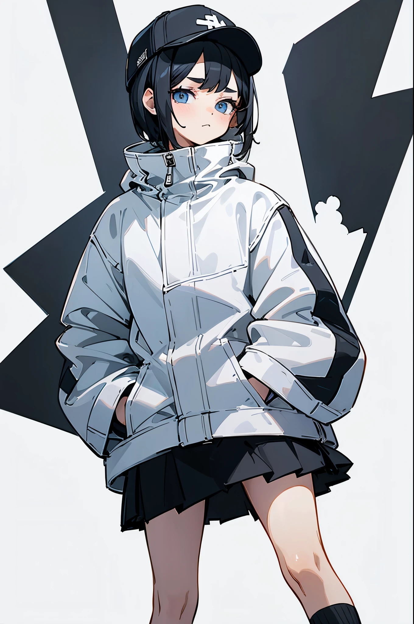(((masterpiece, illustration, best quality))), 1girl, solo, blue eyes, ((detailed eyes)), looking at viewe, ((short hair)), ((black hair)), standing, ((baseball cap)), white headwear, black jacket, ((Closed sweater)), ((Scenenary:white background)), black socks, ((black shirt)), perfect body, upper body shot, (closed mouth), li, (((hands in pockets))), waterproof jacket, skirt white, tsundere, hooded jacket, simple