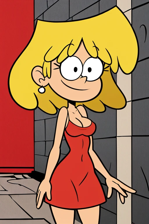 ((masterpiece, best quality)), cartoon style, solo, 1 girl, loriloud, lori loud, medium breasts, highres, blonde hair, short hair, black eyes, smile, a red wet look dress, detailed, background : alleyways