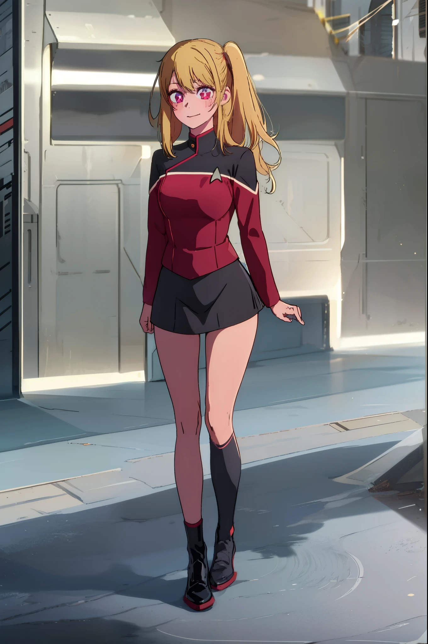1girl, solo, Hoshino Ruby, saymbol-shaped pupils, (left star-shaped pupils:1.2), sparkling eyes, (star in left eye:1.2), symbol in eye, red eyes, long hair, blonde hair, , (side ponytail:1.1), with a sly grin standing