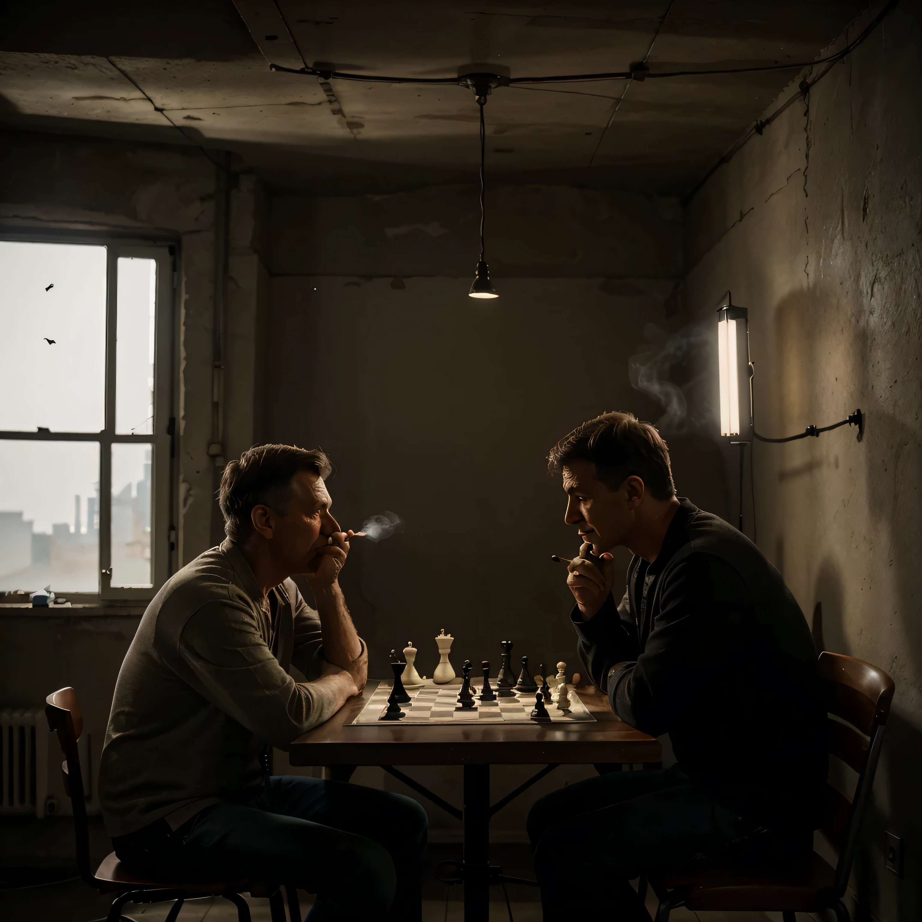 One old man plays chess with his friend, both are sitting in the, ((basement)), and it's smoky, He is smoking a cigerette, in the room is one table and two chairs, a light bulb hangs from the ceiling, perfekt fingers, cinematic light, atmospheric view, cinematic, movielook, HDR, ((high quality)), ((best quality)), ((realistic)), sony fx3 50mm, volumetric fog
