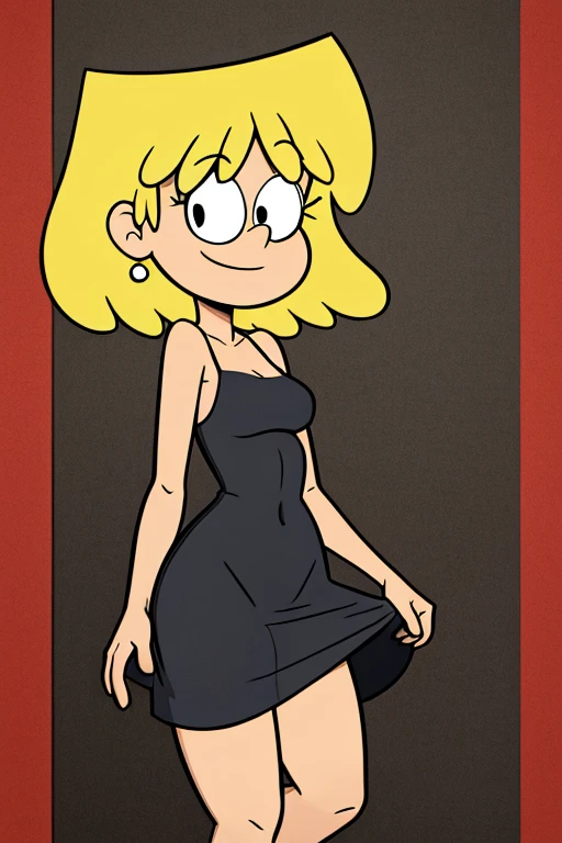 ((masterpiece, best quality)), cartoon style, solo, 1 girl, loriloud, lori loud, medium breasts, highres, blonde hair, short hair, black eyes, smile, a little red dress, detailed, background : alleyways