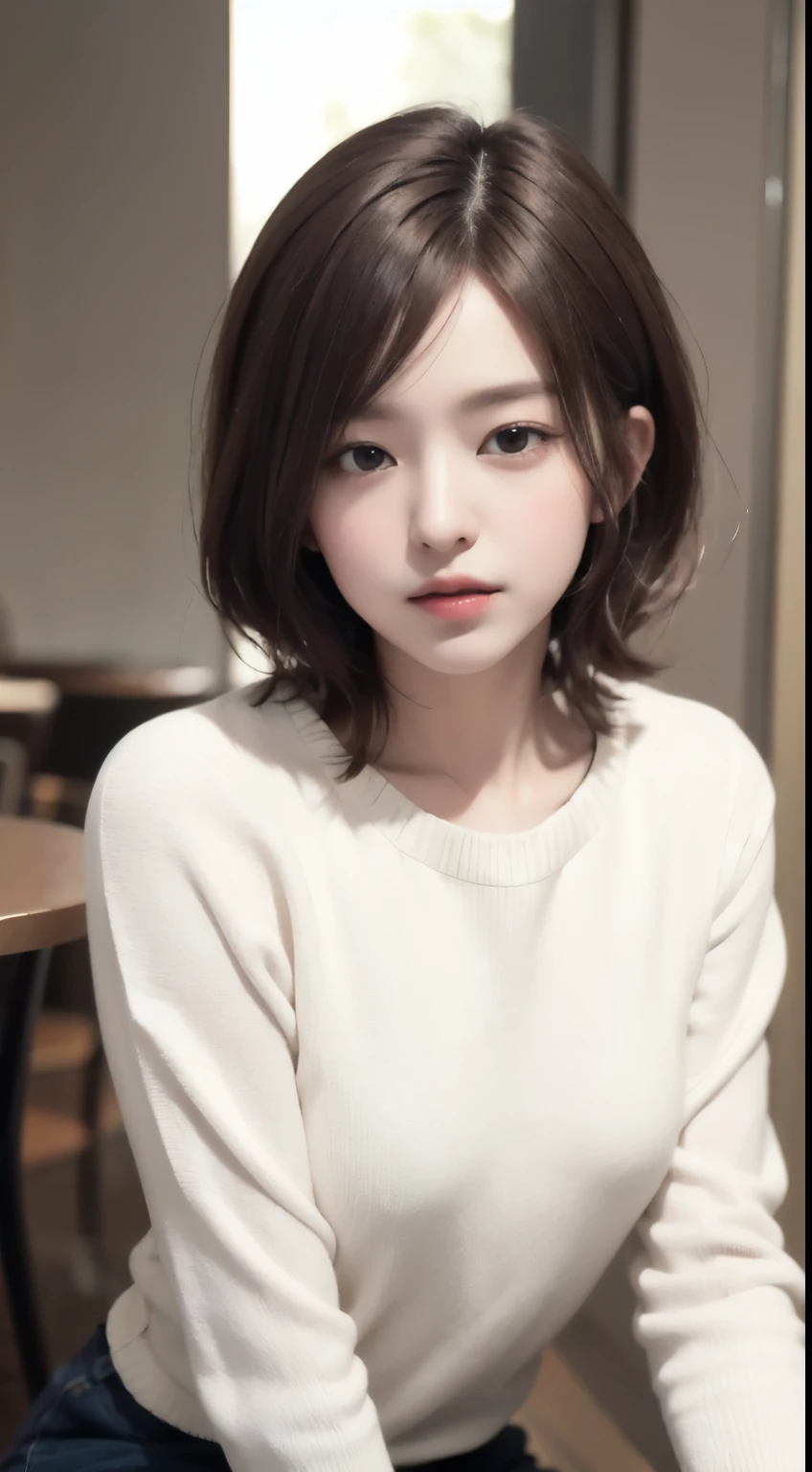 realistic, table top, highest quality, Raw photo, Portrait、1 girl, alone, Handsome Shorthair, brown hair, detailed face, fascinating face, The sweater that kills virginity, medium breasts, dynamic pose, looking at the viewer, from below,sitting across from each other at a coffee shop、sitting in front of the camera、 detailed background, Detailed, intricate details,  ray tracing, Depth of bounds written, low key, nffsw