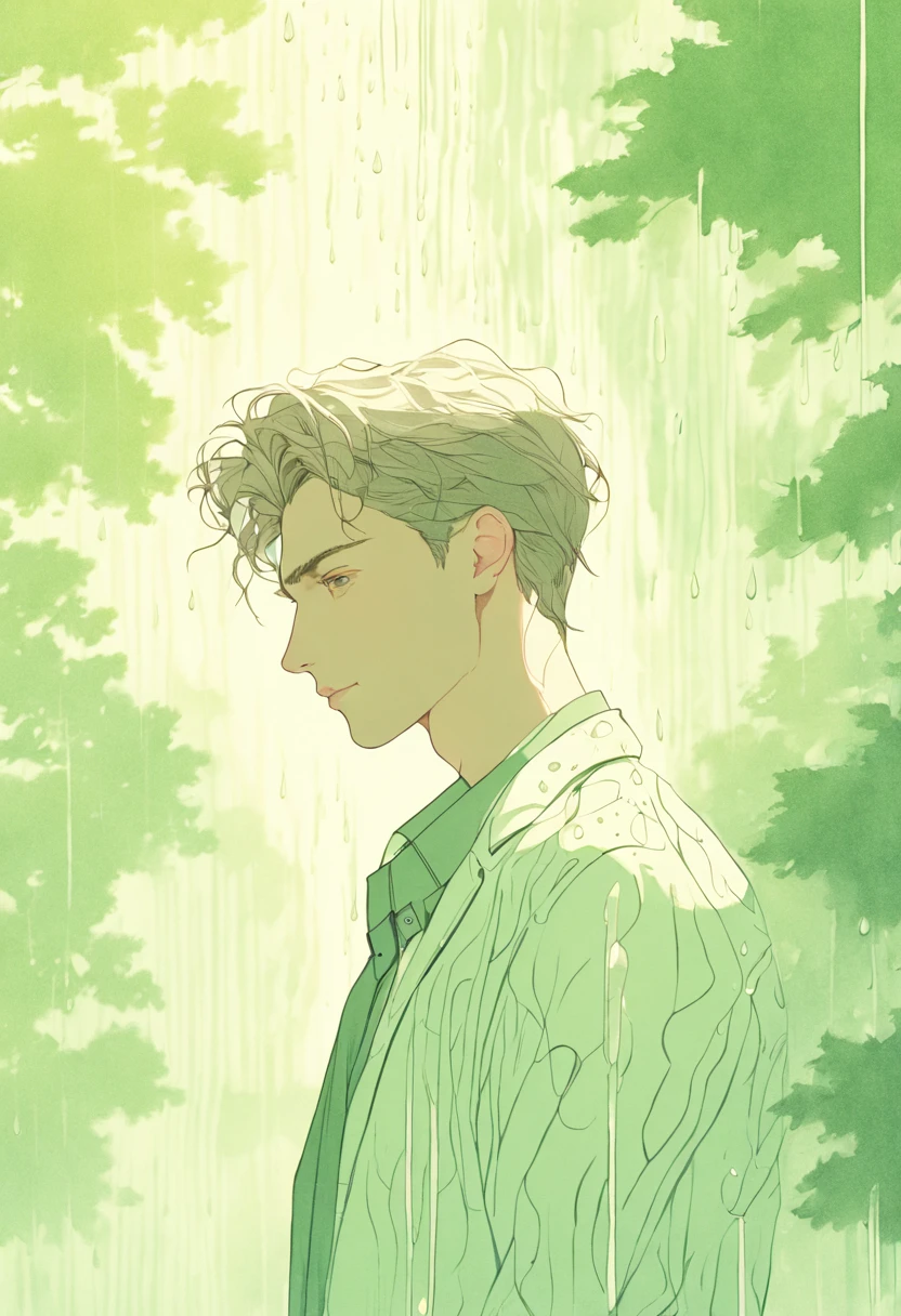 (Handsome young man), atmosphere, green trees in the background, Luminous patterns, Raindrops, complex light, pastel shades, modern, (((Detail drawing)))
