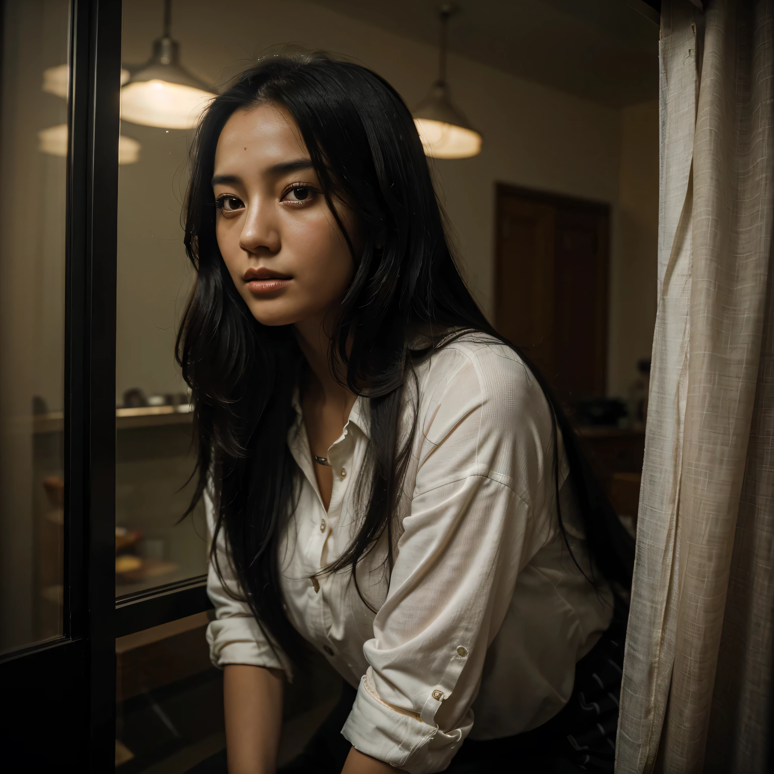 ((high quality)), ((best quality)), ((realistic)), One jung girl looks out the window, she has long black hair, african, atmospharic sight, cinematic lights, movielook,