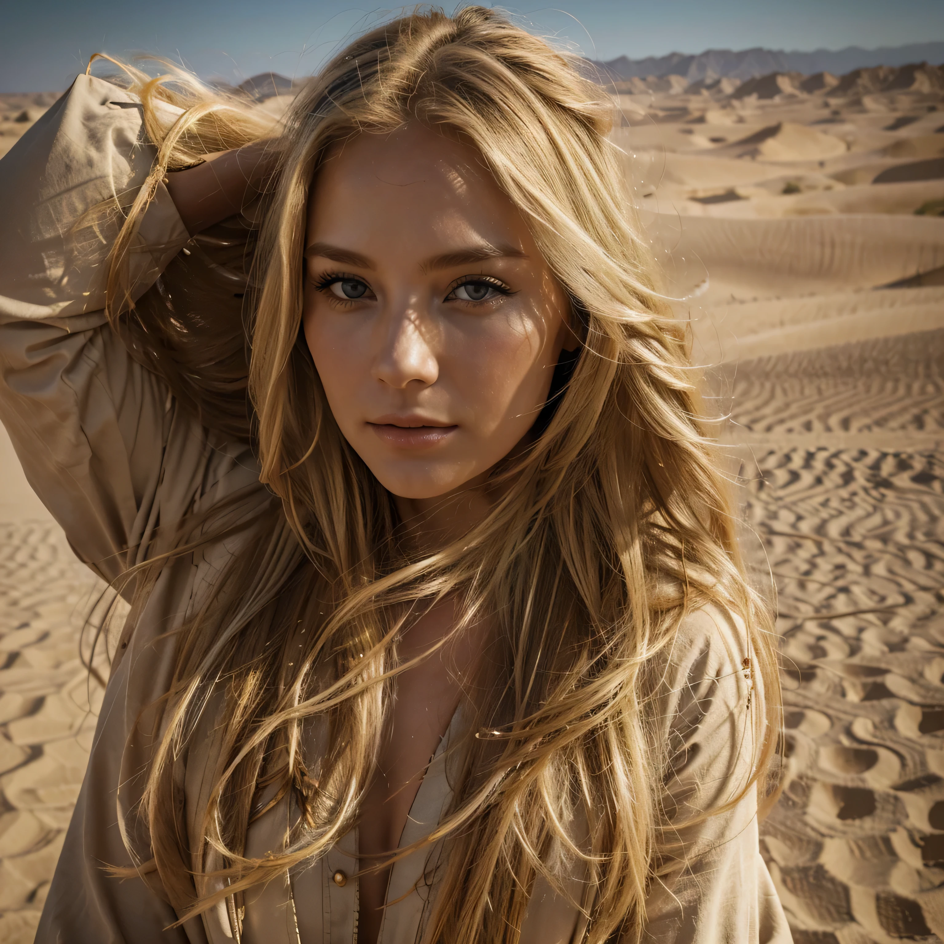 ((high quality)), ((best quality)), ((realistic)), On jung woman with blond long hair is in the dessert, africa, sand, wind, atmospheric sight, cinematic coloures, HDR, 8K, 
