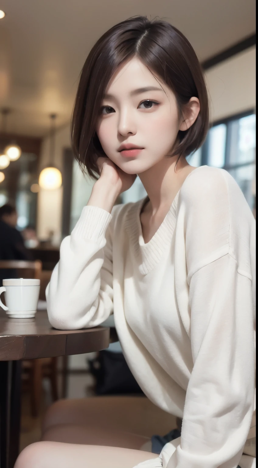 realistic, table top, highest quality, Raw photo, Portrait、1 girl, alone, Handsome Shorthair, brown hair, detailed face, fascinating face, The sweater that kills virginity, medium breasts, dynamic pose, looking at the viewer, from below,sitting across from each other at a coffee shop、sitting in front of the camera、 detailed background, Detailed, intricate details, ray tracing, Depth of bounds written, low key, nffsw