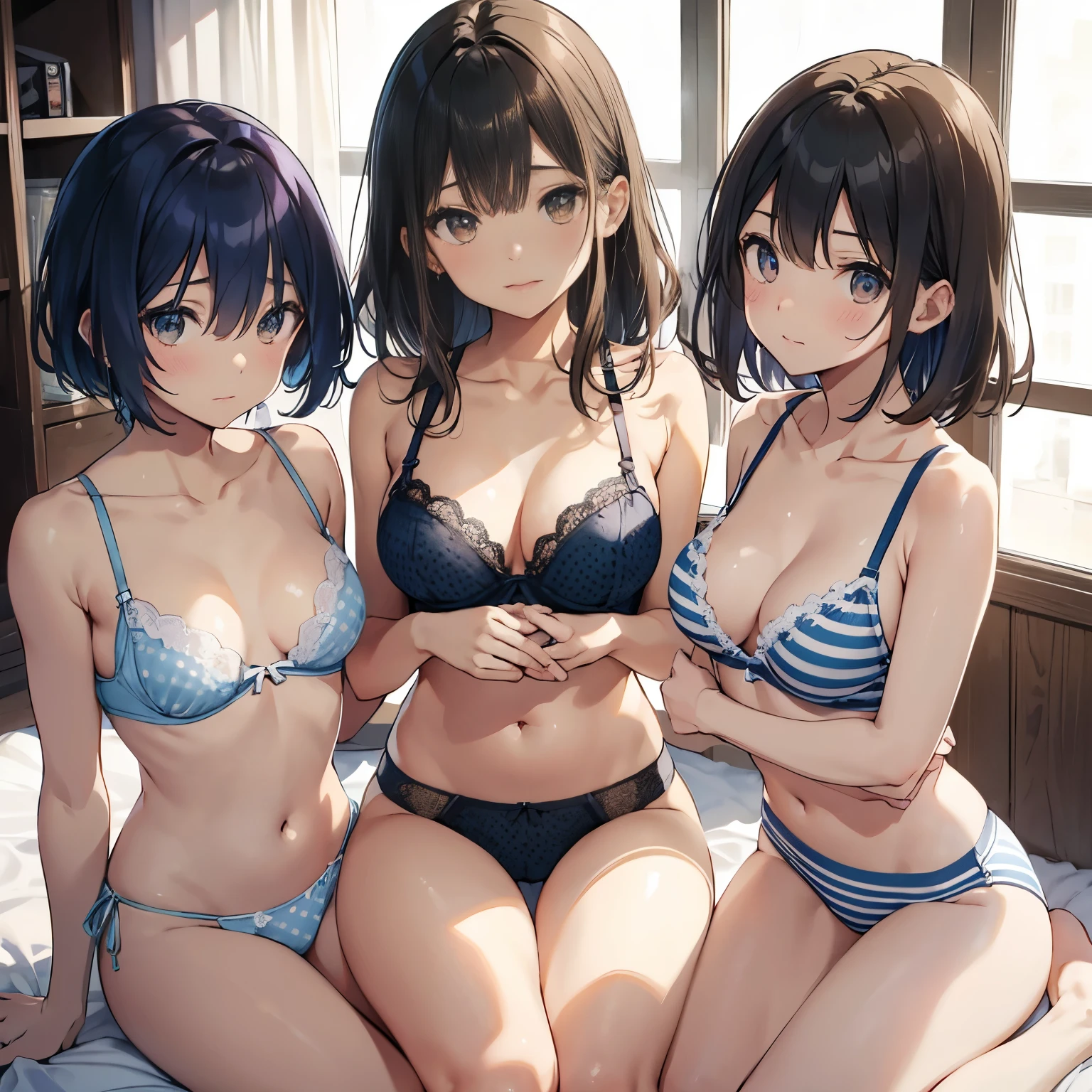 NSFW ４ｋquality, 最高quality, superior_Mikoto, brown eyes, short_hair, Ultra small_chest,）ホテルのベッドのsuperiorで　blue lingerie　１６Year　sexy pose　fascinating　Breaking white bra due to heavy sweating、pink good、blue bra、green bra、gray bra、ライトgray bra、 striped bra、polka dot bra、plaid good、cute and good、kids are good、good for sports、camisole、cotton panties